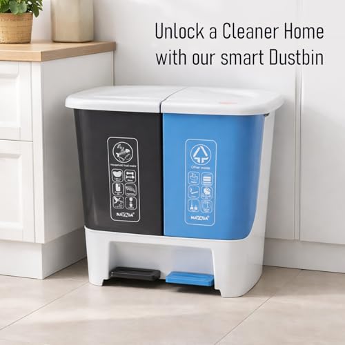 Image of Nayasa 2 in 1 Pedal Dustbin Bold - 25 L (12.5 L Each) | Twin Compartment Wet & Dry Waste Bin | Durable Plastic Pedal Bin for Home, Kitchen & Bathroom | Blue & Grey