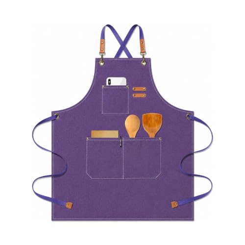 HIUOUIH Tablier Cuisine Homme, Tablier Barbecue Homme Réglable avec 3 Poches, Tabliers Professionnels Femme pour Restaurant, Serveur, Grillades, Violet