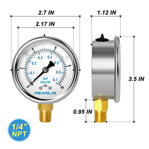 Image of MEANLIN MEASURE 0~10Psi Stainless Steel 1 /4 inch NPT 2.5 inch FACE DIAL,Liquid Filled Pressure Gauge,WOG Water Oil Air Lower Mount (Pack of 2), with 1 /2 inch NPT and 3 /8 inch NPT Hex Bushing