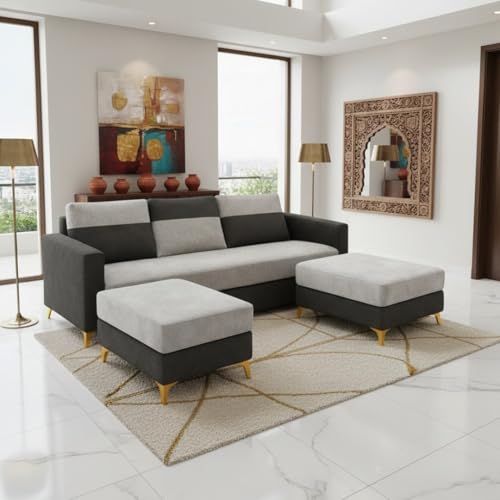Image of Strike Dual Tone Plush 5 Seater L Shape Sofa Set with 2 Movable Ottomans| Flexible Layout | Silken Velvet Suede| Golden Metal Legs|for Living Rooms & Office (Light Grey & Dark Grey)