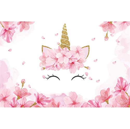 Leowefowa 1,5x1m Vinyl Einhorn Fotohintergrund Rosa Kirschblüten Tapete Lächelndes Einhorn Goldhorn Fotoleinwand… – Bild 3
