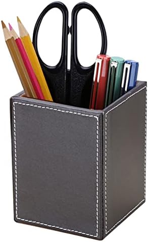 KINGFOM PU Leather Square Pens Pencils Holder Cup Desktop Stationery Organizer Case Office Accessories Container Box Brown