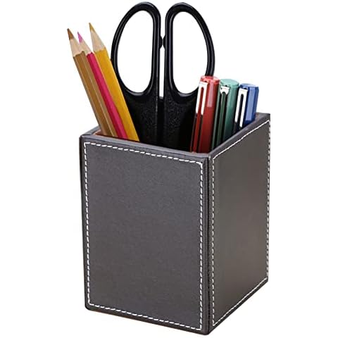 KINGFOM PU Leather Square Pens Pencils Holder Cup Desktop Stationery Organizer Case Office Accessories Container Box Brown Cover