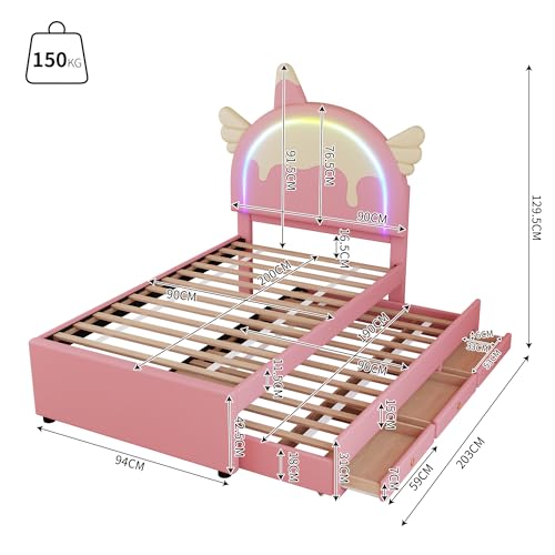 Miniatura 3 de Azkoeesy Cama Infantil Tapizada Con Cama Nido Y 3 Cajones, Iluminación Led, Cabecero En Forma De Unicornio, Para Niño Y Niña, Pu, Rosa