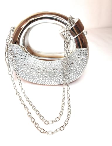 Image of Crystal Embellished Evening Clutch Bag with Curved Handle, Rose Gold Metallic Finish, Detachable Chain Strap, Mini Size