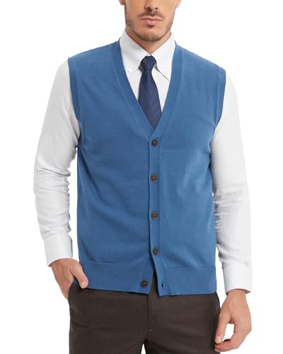 Kallspin Maglione da uomo 100% cotone con scollo a V, senza maniche, con bottoni, cardigan casual elegante, lavorato a maglia, gilet, pullover, Blu, L