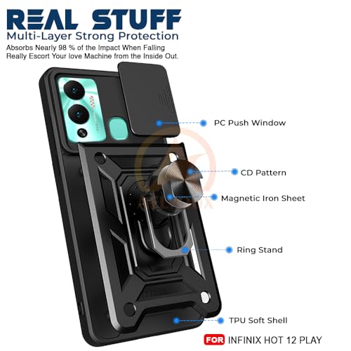 Image of Armor Bumper Back Cover Case for Infinix Hot 12 Play /Hot 20 Play Rotating Camera Cover, Ring Holder & Kickstand | Heavy Duty & 360 Degree Protection Back Cover (Black)