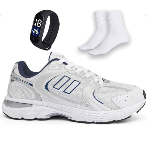 Tênis Masculino para Academia e Corrida Classic Retrô Super Leve Olimp 94 (Branco + Marinho, BR, Adu