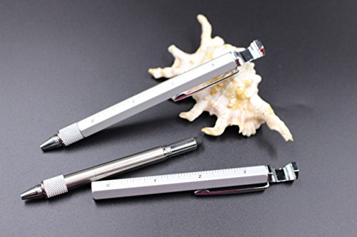 Jason Yuen 2Pcs Pack 7 In 1 Multi-Function Metal Tool Pen With Ruler,Ballpoint Pen,Phone Holder,Stylus,2 Screw Driver And Opener, Multifunction Tool Pen Fit For Mens Gift (Model C, 2Pcs Light Silver) #TOP3