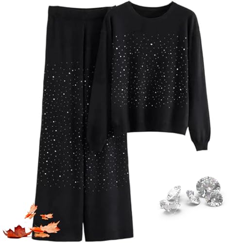 Two Piece Sweater Set with Rhinestones, Womens Sparkly Knitted Pullover