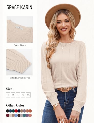 Image of GRACE KARIN Fall Sweaters for Women 2026 Puff Long Sleeve Crewneck Dressy Casual Tops Crochet Hollow Out Cute Pullover Blouse
