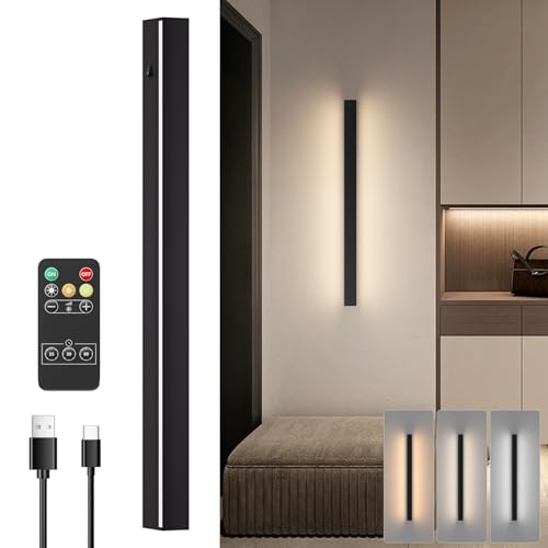 Kligten 5W LED Inalámbrico Negro Aplique de pared, Regulable Lámpara de pared con Mando a Distancia, 60cm Recargable Luz de Pared para Dormitorio Salón Escalera