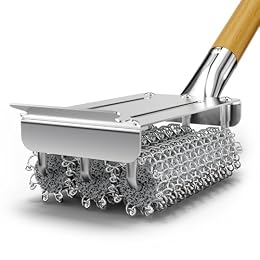 HOUSE AGAIN Grill Brush Bristle Free, Stainless Steel Food-Grade Brush Head with Scraper, Safe Steam BBQ Outdoor Grill Cleaning Brush Barbecue Grill Cleaner Non Wire for Grill Grate/Long Wood Handle