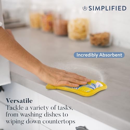 Image of Simplified 5-Pack Scrub & Wipe 2-in-1 Dishwashing Sponges - Non-Abrasive Cleaning Sponges, Double-Sided - Safe for Dishes, Non-Stick Pans or Glassware, Absorbent Dish Sponges, Yellow Leaves