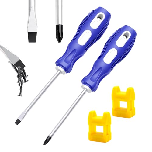 Image of smseace 2-Pack 4 Inch Slotted & Phillips Screwdriver Set, Long Phillips & Flat Head Magnetic Screwdriver with Rubber Handle include Magnetizer Demagnetizer