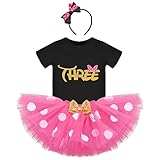 IBTOM CASTLE Toddler Baby Girls 3rd Birthday Princess Outfit Polka Dots T-shirt Top Tutu Skirt Set Ears Headband Third Years Old Party Fancy Halloween Costume Dance Evening Gown Black+Rose-three 3T