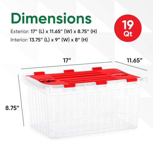 Image of Superio Storage Box with Hinged Lids, Plastic Container Bins for Organizing with Attached Lid, Stackable Crates, BPA Free, Organizers for Home, 19 Quart (Clear with Red Lids, 17 inchx11.65 inchx8.75 inch)