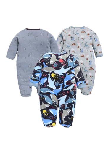 Image of BABY GO Baby Sleepsuit Pack of 3 | 100% Cotton Full Sleeve Footed Romper for Newborn Baby Boys & Girls | Front Open Snap Button Onesie Jumpsuit | Soft Breathable Nightwear