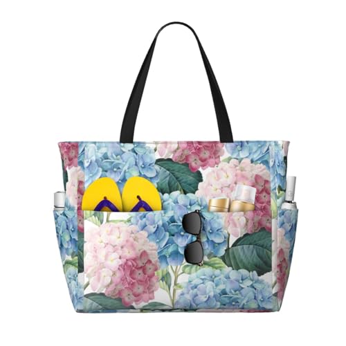 Grand sac de plage hortensia bleu et rose | Sac fourre-tout pour femme