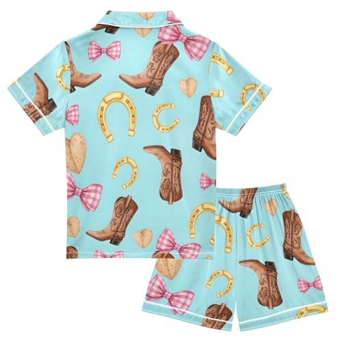Satin Pajama Sets Short Sleeve Cowboy Boots Horseshoes Hearts Bows Button Down Silky Nightwear 2 Piece PJS 5-14Y2