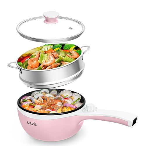 Dezin Hot Pot Electric with Steamer Upgraded, Non-Stick Sauté Pan, Rapid Noodles Electric Pot, 1.5L Mini Pot for Steak, Egg, Fried Rice, Ramen, Oatmeal, Soup with Power Adjustment