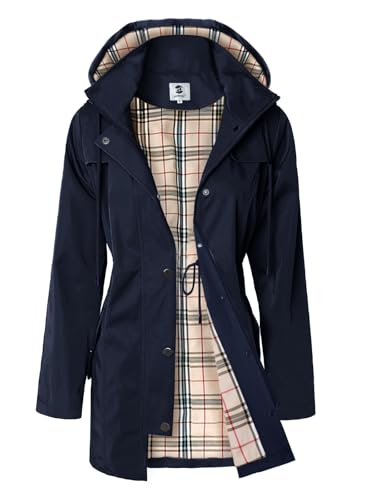 SaphiRose Langer Regenmantel für Damen, Outdoor-Regenmantel, Windbreaker, mit Kapuze (Marineblau, S)