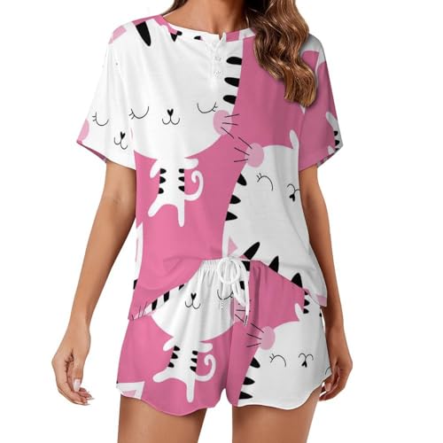 Pyjama femme short ensemble de nuit été motif chat dessin animé pour nuits fraîches