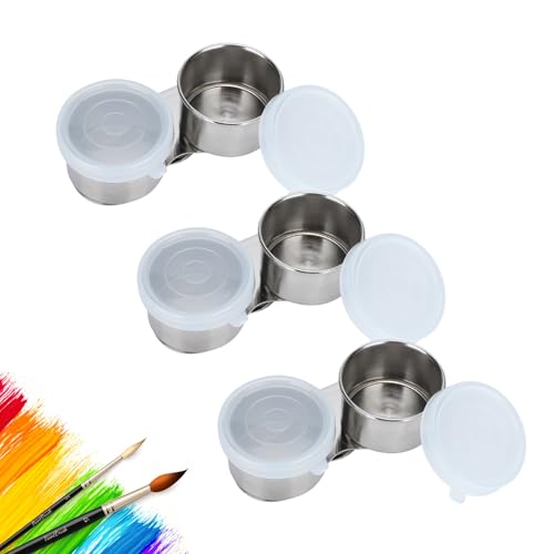 3 Pack Oil Painting Palette Cup with Lid, Stainless Steel Double Dipper Oil Painting Pot Container Palette Cup Oil Container Solvent Container for Watercolor Gouache Acrylic Painting