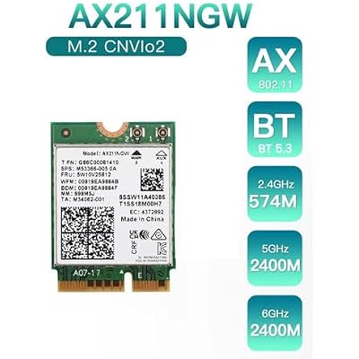 Intel AX211 WiFi 6E Card, Tri-Band, Up to 2.4 Gbps, M.2 CNVio2, Bluetooth 5.3, Windows 10/11 Linux Compatible
