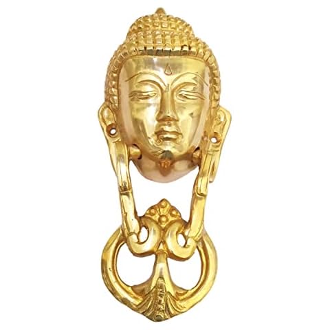 athizay Brass Buddha Door Knocker Hanging Gold Finish 8 Inch Tall Entrance Door Decor Buddha Face DoorKoncker for Front Door Cover