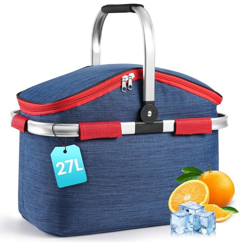 Faltbarer Einkaufskorb Kühltasche 27L - Ideal für den Wocheneinkauf mit gepolsterten Tragegriffen & Reißverschluss am Deckel, leicht klappbar & kompakt, 10kg belastbar, Faltkorb als Picknickkorb