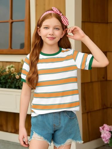 Image of Haloumoning Girls Striped Short Sleeve T Shirts Kids Summer Casual Tops Crewneck Tees Blouses 5-14Y