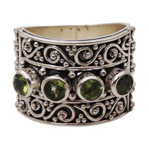 NOVICA Artisan Crafted Sterling Silver Peridot Cocktail Ring | Multistone | Elegant Spiral | Dot Motifs | Hypoallergenic Jewelry | Lead & Nickel Free | Indonesia 'Lucky Four' | 0.6" L x 0.8" W x 0.2"