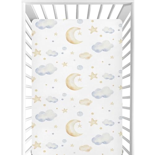 Image of CaTaKu Clouds Moon Stars Mini Crib Sheets for Girls Boys Baby Mattress Sheets Fitted, Soft Toddler Nursery Bed Sheets Neutral 28 inchx 52 inch
