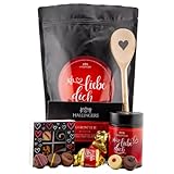 Hallingers Genuss Manufaktur Geschenkkorb Geschenkset – Feinkost Mix, Valentinstag Wundertüte XXL Pralinen Nougat Busserl Tafel Schokolade & Kochlöffel, 'Ich liebe Dich XXL'