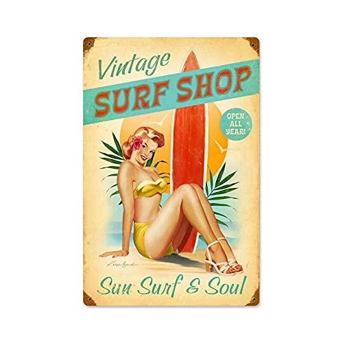 rayprint Retro Vintage Metal Plaque Sign Pin Up Girl Surfer Girl Tin Sign For Home Bar Kitchen Pub Wall Decor Signs 12x8inch