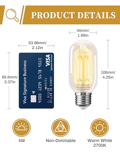 Image of 4 Pack LED Edison Bulbs, 4W Edison Light Bulbs, Antique LED Filament Bulbs 40W Equivalent, E26 Base, T45 LED Bulb with Clear Glass, Warm White 2700K, Non Dimmable, Great for Home, Bedroom, Office | 40W Equivalent,E26 Base,T45 LED Bulb with Clear Glass,Warm White 2700K,Non Dimmable,Great for Home,Bedroom,Office