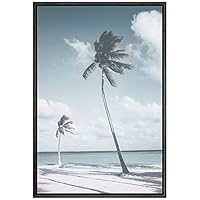 SIGNWIN Framed Canvas Wall Art Blue Wash Out Tropical Coconut Palm Trees by The Sea Coastal Ocean Photography Realism Beach Scenic Relax/Calm Duotone for Living Room, Bedroom, Office - 16