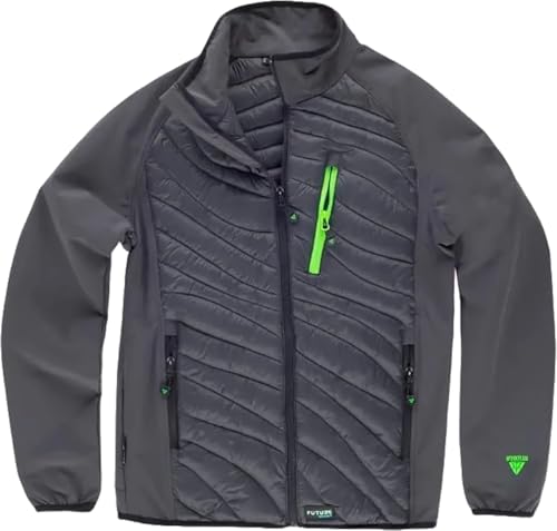 WORKTEAM Chaqueta de Trabajo con Cuello Alto, Tejido Elástico y Acolchado, Cremallera, Bolsillos y Detalles Flúor. Unisex Gris+Verde Flúor XXL