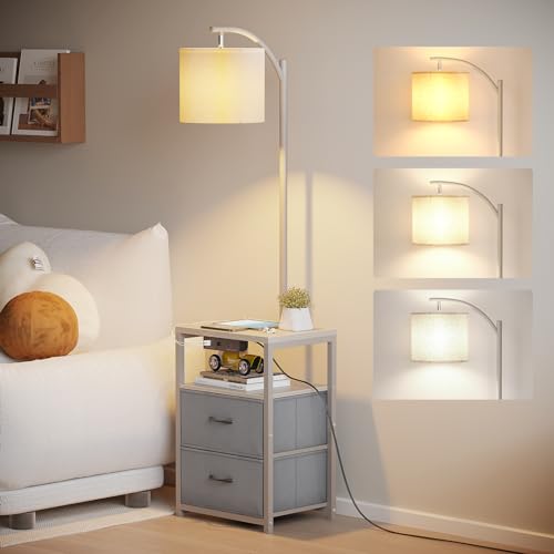Image of SUNMORY Floor Standing Lamp with Table & 2 Drawers, USB & AC Charging Port | 3 Color Temperature LED Bulb, Modern Nightstand for Bedroom, Shelves End Side Table Lamp for Living Room Home Office, Grey