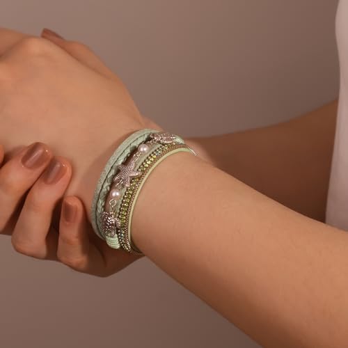 FANCY SHINY Turtle Starfish Leather Wrap Bracelet Boho Rhinestone Pearl Cuff Bracelet with Magnetic Clasp for Women4