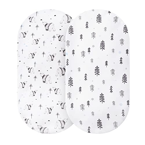 Image of Vanillscent 2 Pack Cotton Bassinet Sheets Set for Boys Girls, Cozy Woodland Baby Cradle Sheets Fitted Hourglass, Oval & Rectangular Bassinet Mattress and Pads - Bear & Forest