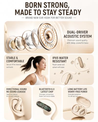 Image of D300 OWS Open Ear Wireless Earbuds with BT v6.0, ENC Mic for Calling, 50hr Playtime with Type C Fast Charging, Low Latency Gaming, Ideal for Running, Cycling and Gym, Dust & Waterproof. Beige