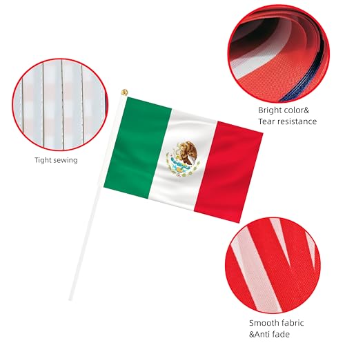 Rotenl Minibandeiras pequenas do México, pacote com 25 bandeiras mexicanas de mão com mastro de 11,8