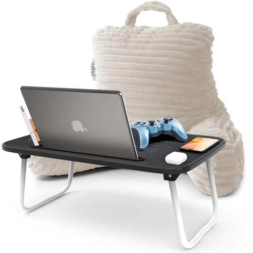 Image of Nestl Linen Reading Pillow with Bed Desk for Laptop and Writing, Luxe Cut Plush Back Pillow for Sitting Up, Back and Arms Adjustable Support for Kids and Teens, Foldable Lap Desk for Bed 19x11 inch