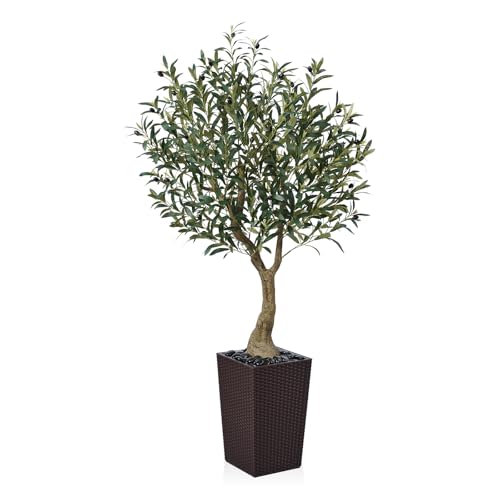 VeriNatural Artificial Olive Tree 150 cm - Tall Faux Plant with 1232 Silk Leaves, 55 Fruits, UV Resistant with Brown Taper Planter - Large Artificial Plants for Indoors Outdoors Home Garden, VN137