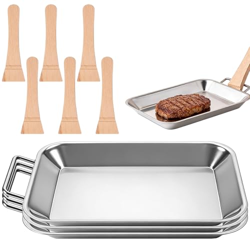 3 Stück Grillschale Edelstahl 20 × 12.8 cm mit Holzgriff, Tragbar Grillpfanne Edelstahl Grillutensilien, Grillgeschirr Grillzubehör für BBQ, Camping und Picknick, Grillschalen für Gasgrill