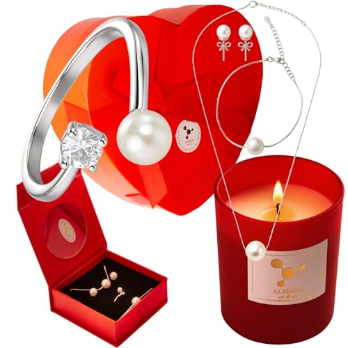 cadeau saint valentin femme - coffret cadeau pour ma femme : Boîte avec miroir + Bougie cire végétale Artisanale 100% Naturelle parfum francais + Un Ensamble de 4 Bijoux ajustables plaqués Argent 925