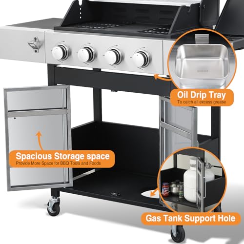 Image of 4 Burner Propane Gas Grill, 49,000 BTU Outdoor BBQ Grill with Cast Iron Grates & Griddle Combo, Large Cooking Area with Side Burner, Pullout Grease Tray, Portable for Backyard Patio