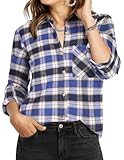 Zeagoo Collared Plaid Shirt for Women Cotton Long Sleeve Checkered Flannel Blouses Casual Blusas Blue and White S